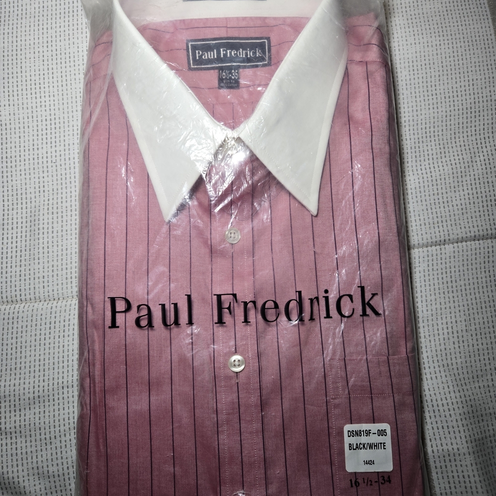 Paul Fredrick Men's Pink and White Striped Dress Shirt